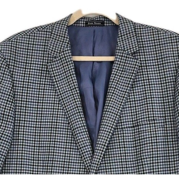 Enzo Tovare Blazer Mens 46R Blue Check Plaid Wool Sport Coat Two Button Lined - Picture 5 of 16